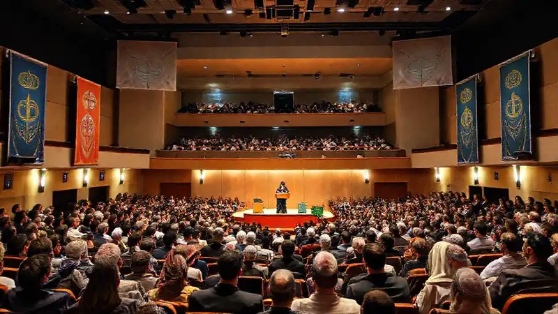 Audiencia diversa debate en aula moderna iluminada