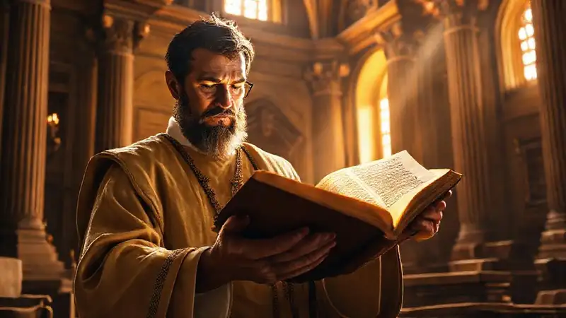 Estudiante estudia Biblia antigua con fe y luz