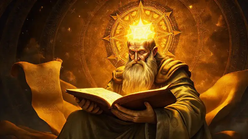 Teólogo antiguo estudia símbolos místicos iluminado