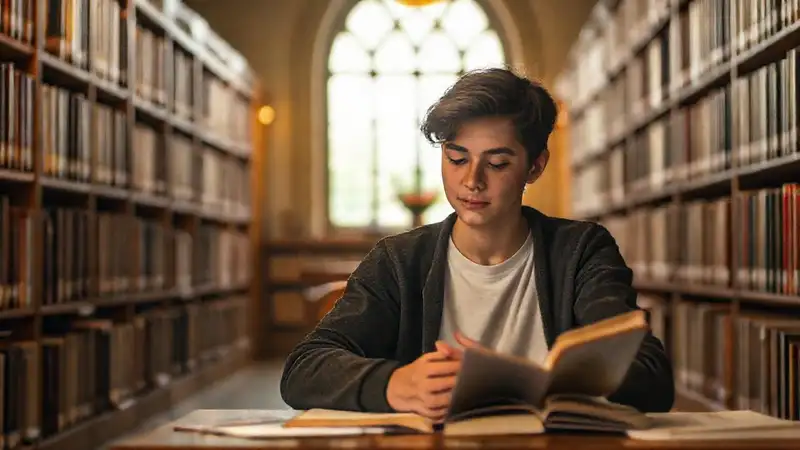Estudiante en biblioteca tranquila