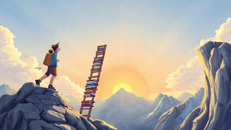 Estudiante sube con libros hacia el sol