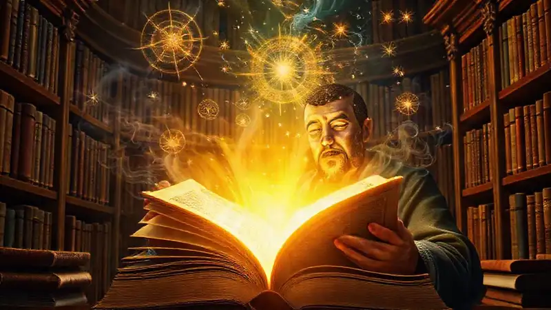 Libro antiguo brillante en una biblioteca celestial