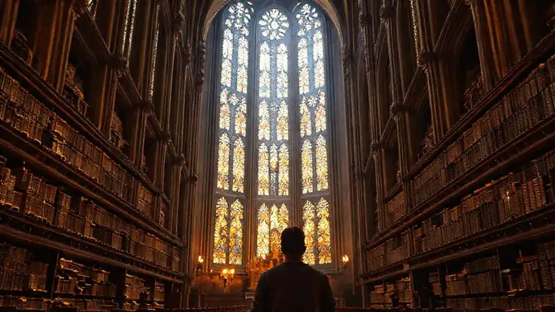 Persona orando en catedral con luz cálida
