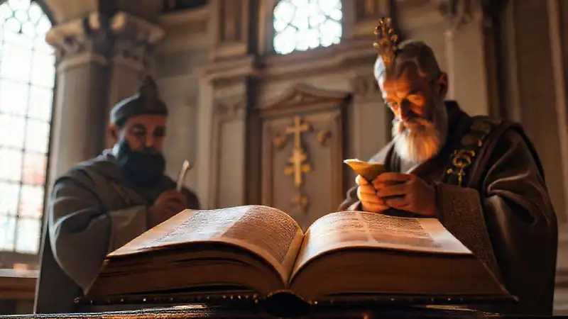 Libro antiguo con símbolos religiosos y estudios