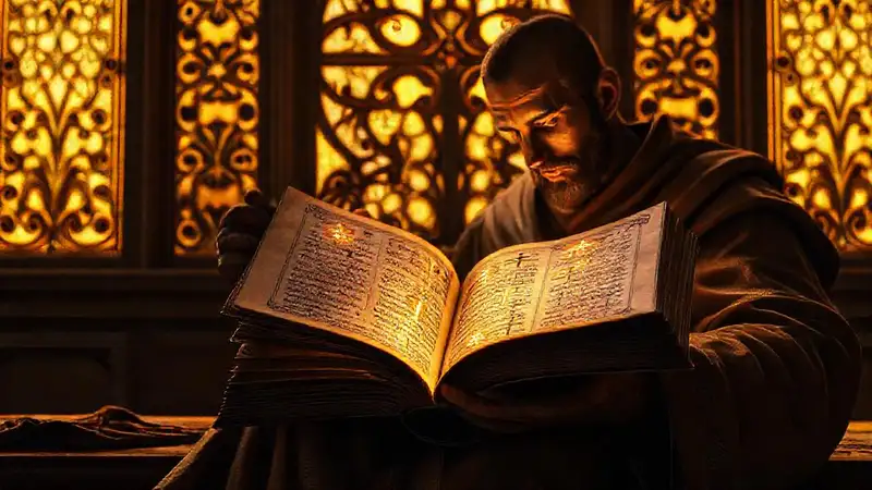 Libro antiguo con símbolos religiosos brillantes