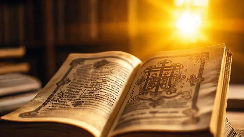 Libro antiguo con símbolos religiosos y luz cálida
