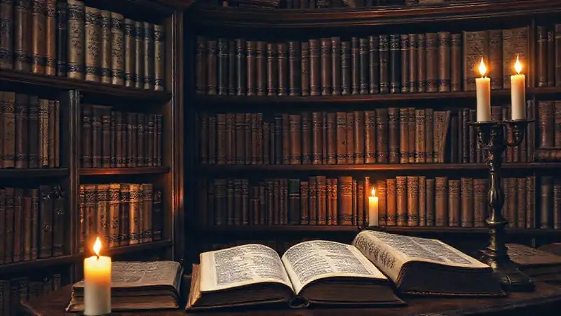 Librería antigua con manuscritos y vela