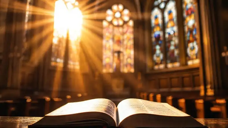 Biblia abierta en iglesia con luz divina