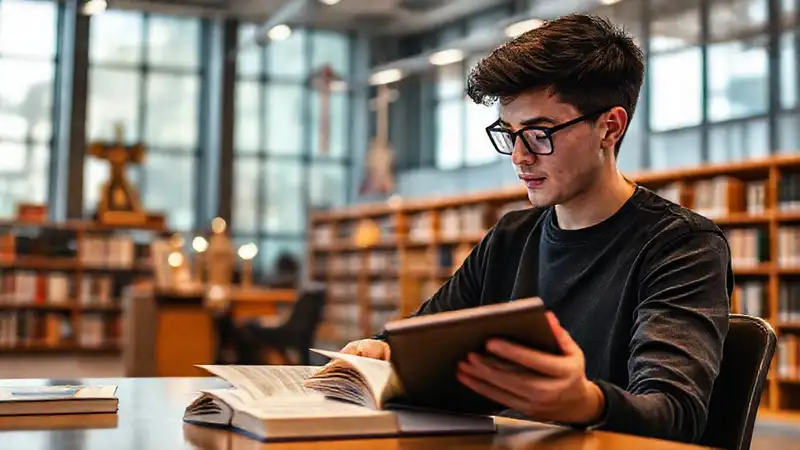 Estudiante en biblioteca con tabletas y símbolos religiosos