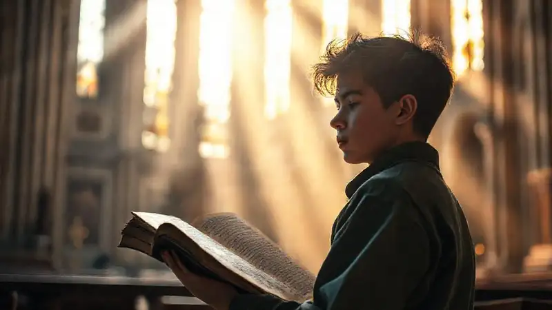 Estudiante joven leyendo textos religiosos en silencio