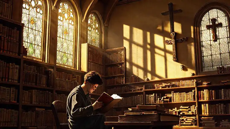 Estudiante en biblioteca tranquila con textos antiguos