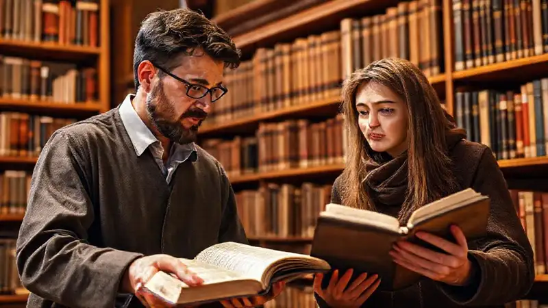 Profesor y estudiante discuten en biblioteca universitaria
