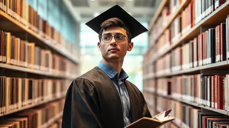 Estudiante de teología en biblioteca, reflexiva y profesional