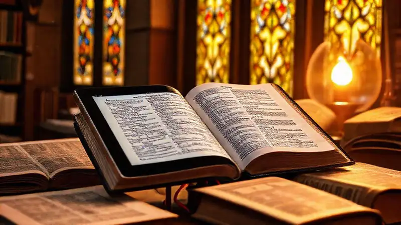 Estudio religioso con Biblia digital y vitrales