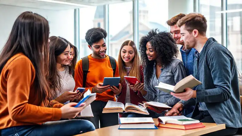 Estudiantes discuten en aula moderna y colaborativa