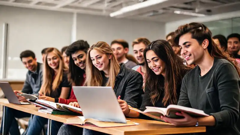 Jóvenes estudiando teología en aula moderna